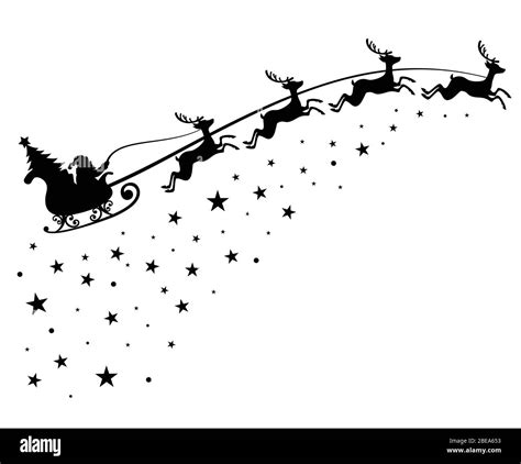 Santa Claus on sleigh flying sky with deers black vector silhouette for ...