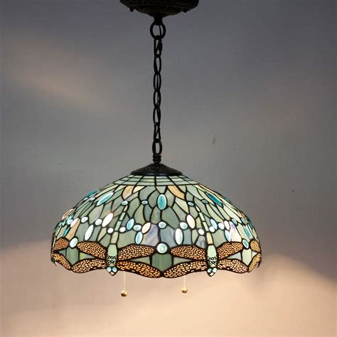 Black Friday Tiffany Hanging Lamp 16 Inch Pull Chain Sea Blue Stained Glass Lampshade Crystal ...