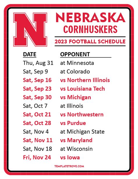 Printable Husker Football Schedule