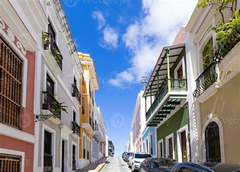 Puerto Rico colorful colonial architecture in historic city center ...