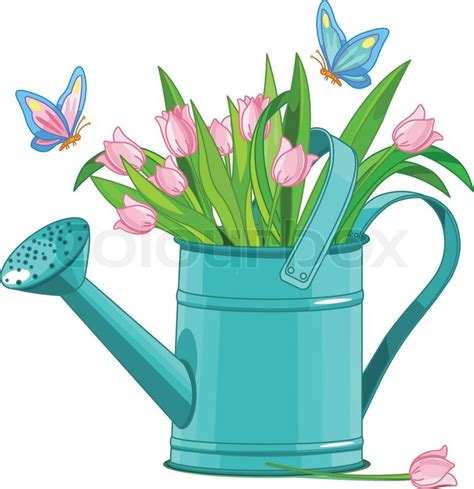 Watering can with bouquet of tulips | Stock vector | Colourbox