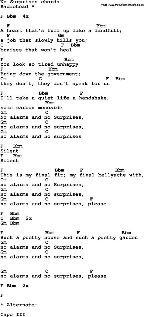 Song lyrics with guitar chords for No Surprises