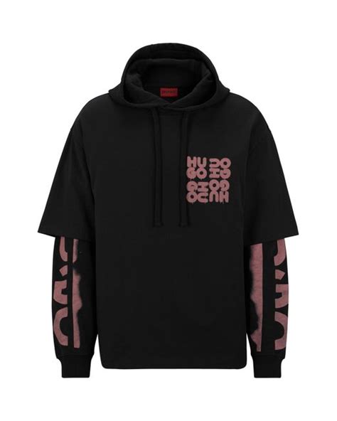 HUGO Cotton-terry Layered-effect Hoodie With Graffiti-style Logos in Black for Men | Lyst UK