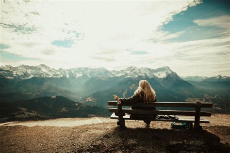 Woman Sitting Bench View Mountains Royalty Free Photo