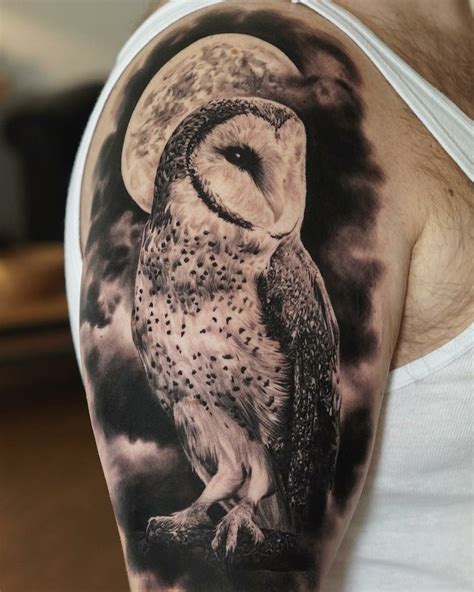 Barn owl and moon tattoo. @ Dark grey studio Essen. Artist: Ivan Dan. | Owl tattoo sleeve, Barn ...