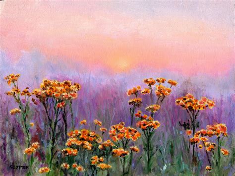 Vintage wildflowers ORIGINAL oil painting, Yellow flower artwork Field of flowers art Nature ...