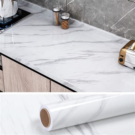 VEELIKE Glossy White Grey Marble Countertop Contact Paper 32''x354'' Wide Marble Wallpaper Peel ...