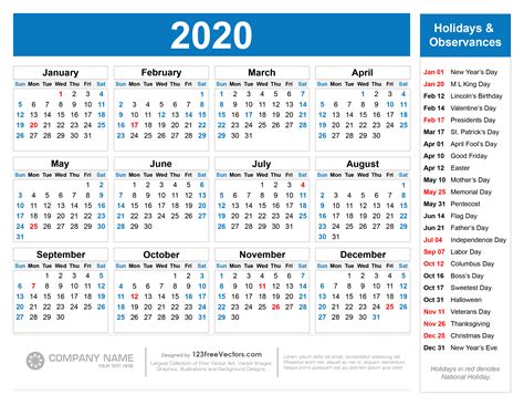 Free Free Printable 2020 Calendar with Holidays