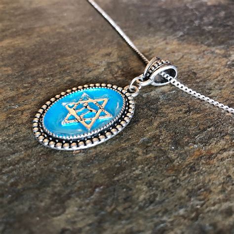 Enameled Star Of David Oval Aqua Blue Framed Dangling Pendant on 18 ...