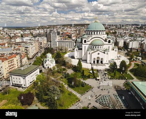 Belgrade cityscape. Aerial panorama of an old Belgrade capital of Serbia with the Church of ...