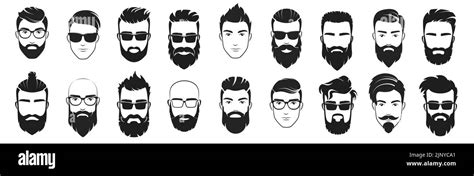 Handsome face man beard man emblems icons. Set of vector bearded hipster men faces. Haircuts ...