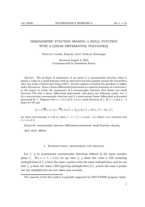 (PDF) Meromorphic function sharing a small function with a linear differential polynomial