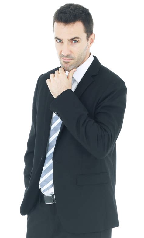 Handsome and smart businessman in black suit isolated on white background. Business and Finance ...