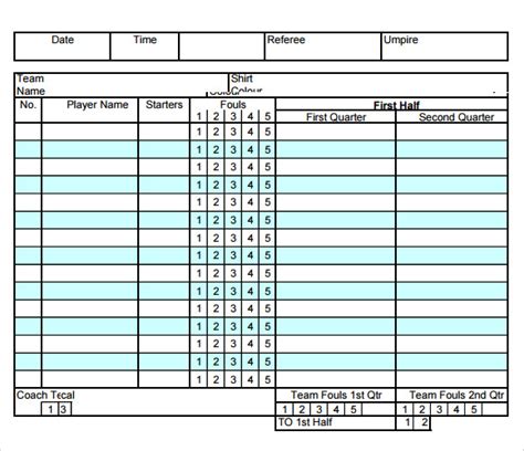 Free Basketball Score Sheet Printable