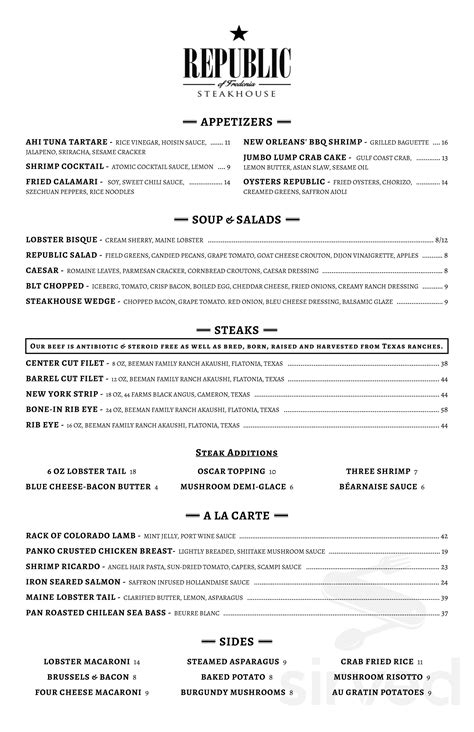 The Republic Steakhouse menu in Nacogdoches, Texas, USA