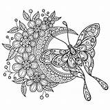 Butterfly And Flower Moon Hand Drawn For Adult Coloring Book  sketch template
