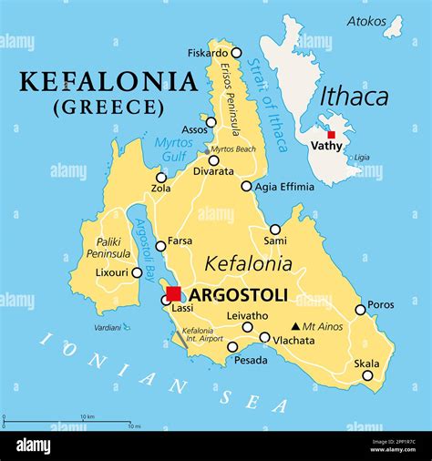 Kefalonia, Greek island, political map. Also known as Cephalonia, Kefallinia or Kephallenia, the ...