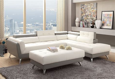 Modern White and Light Grey Bonded Leather Sectional Sofa Set with Extra Large Ottoman and ...