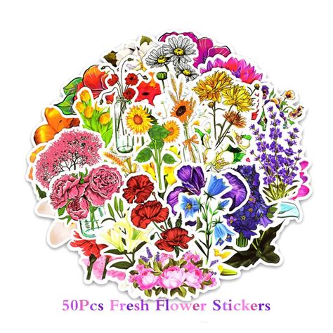 50PCS Floral Stickers Waterproof PVC Decals Stickers Flowers ...