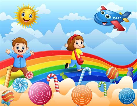 Kids walking on a rainbow and candies background 6413741 Vector Art at Vecteezy