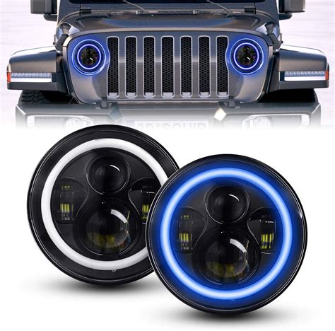 Amazon.com: 7"inch LED Headlights High Low Beam with Blue Halo Beam DRL ...