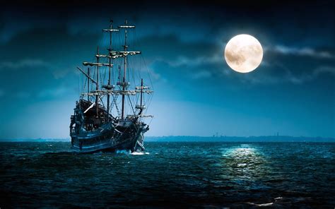 Black pirate ship on sea during nighttime HD wallpaper | Wallpaper Flare