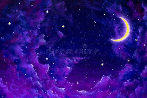 Oil Painting Art Background Big Glowing Moon and Velvet Violet Clouds in Starry Night Sky ...