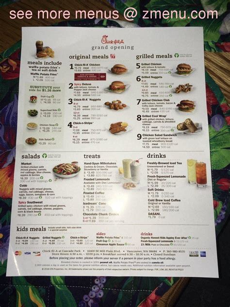 Menu at Chick-fil-A fast food, Vancouver, SE Mill Plain Blvd