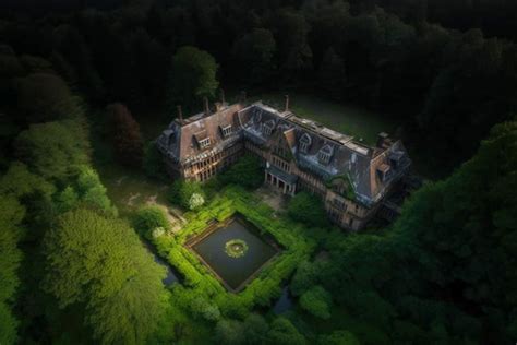 Premium Photo | An aerial view of a mansion with a pond in the middle.