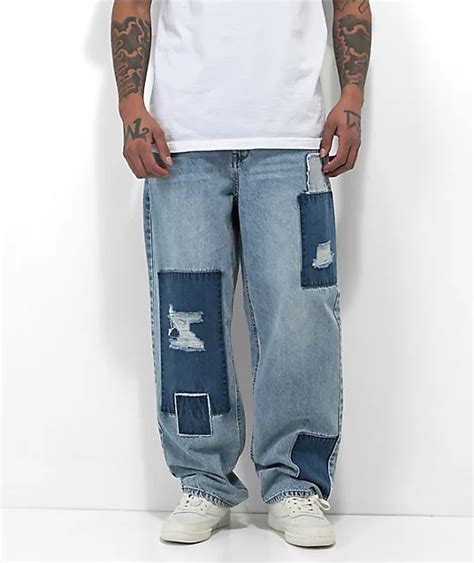 Empyre Loose Fit Light Blue Patch Work Denim Skate Jeans