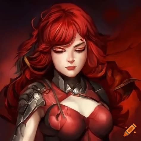 Art of a determined woman hero with crimson hair and armor