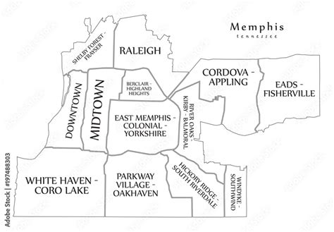 Modern City Map - Memphis Tennessee city of the USA with neighborhoods ...