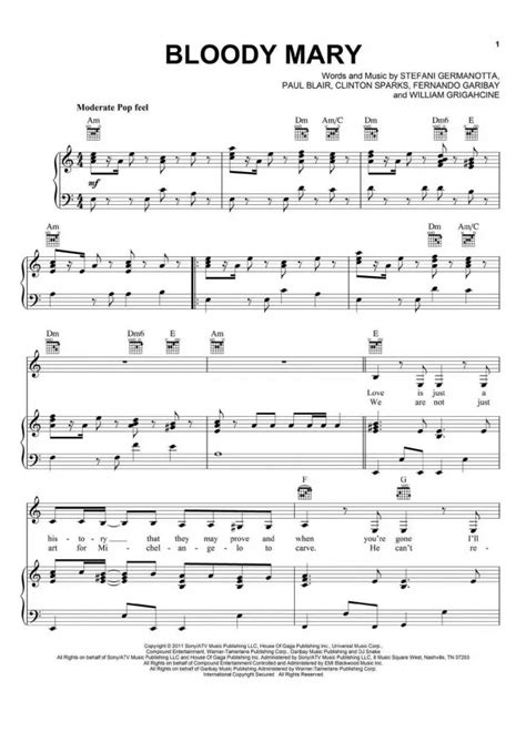 Lady GaGa Bloody Mary Sheet Music Downloads