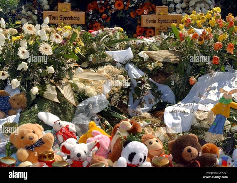 Teddy bears and flowers lie on the graves of Sonja and Tom in ...