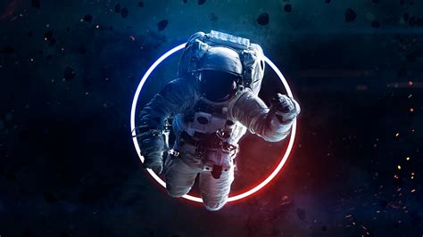 Astronaut Wallpaper 4K, Neon light, Asteroids, Space suit