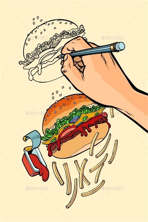 The Artist s Hand Draws a Burger, French Fries | Drawings, How to draw hands, Cute food drawings