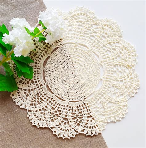 15" Lace Crochet doily, rustic doily, vintage pattern, handmade beige ...