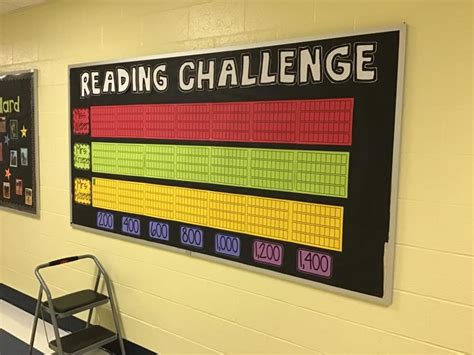 a classroom wall with a ladder and reading challenge sign hanging on it ...