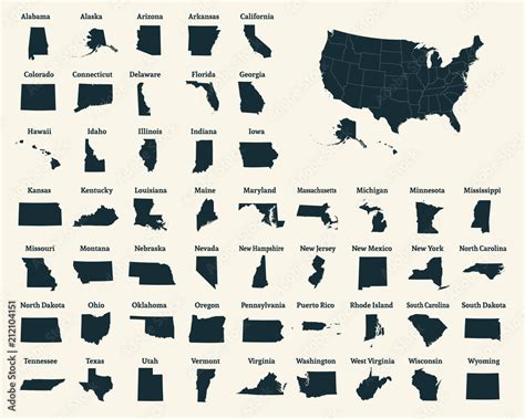 Outline map of the United States of America. 50 States of the USA. US ...