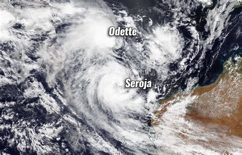 A spectacular Fujiwhara effect happens with merging tropical cyclones Seroja and Odette, both ...