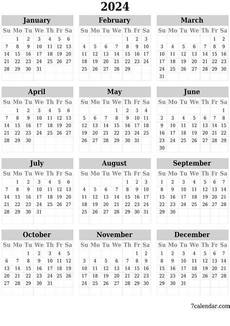 2024 Blank Yearly Calendar Template