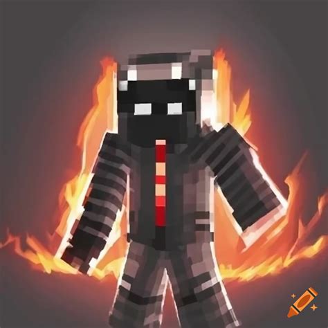 Full black minecraft skin with white eyes and fire in the background on Craiyon