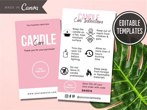 Editable Candle Care Cards Printable Candle Instructions DIY - Etsy UK | Card template, Candle ...