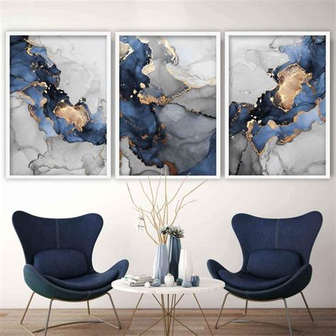 Set of 3 Abstract Art Prints of Paintings Black Grey and Gold | Blue living room decor, Wall art ...