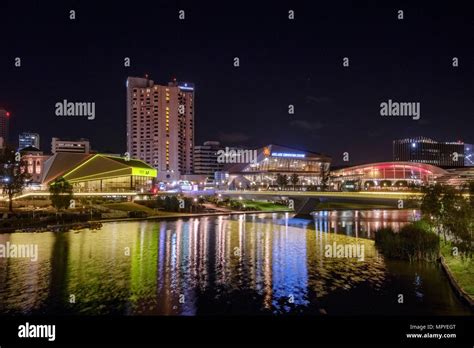 The Adelaide city skyline at night featuring the Torrens Riverbank ...