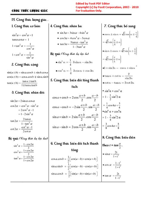 Toán - Tuyển tập các công thức lượng giác lớp 10 - HOCMAI