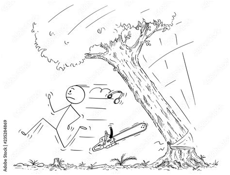 Cartoon stick drawing conceptual illustration of lumberjack running away from falling tree ...