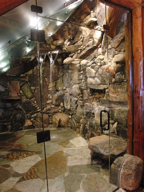 Bathroom Ideas: Stone Tile Flooring With Rocks And Waterfall Showers ...