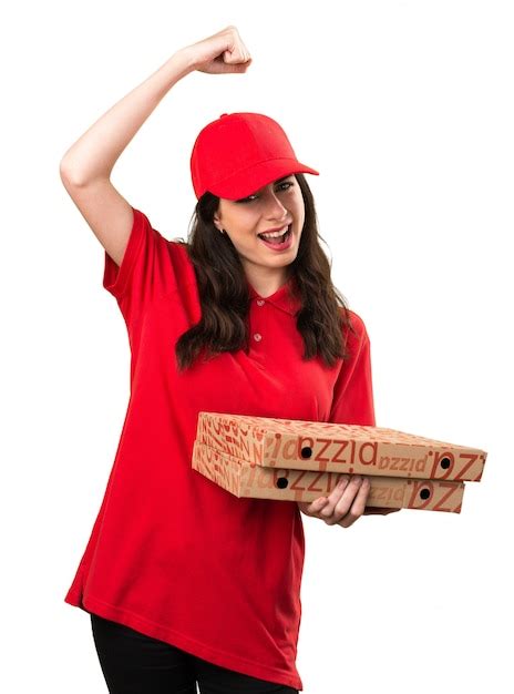 Premium Photo | Lucky pizza delivery woman