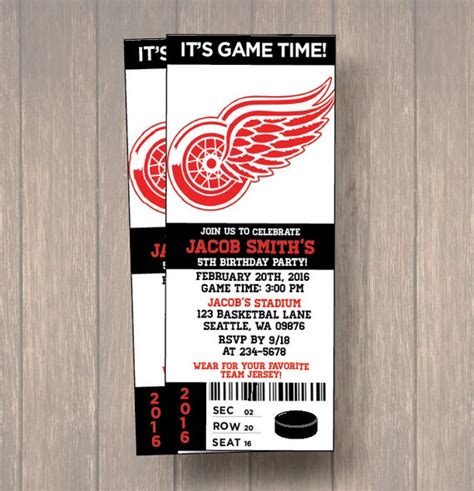 12 Detroit Red Wings Birthday Invitation Hockey Ticket